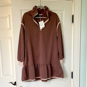 NWT Women’s Brown Ruffle Hem Dress with Contrast Trim and Quarter Zip M